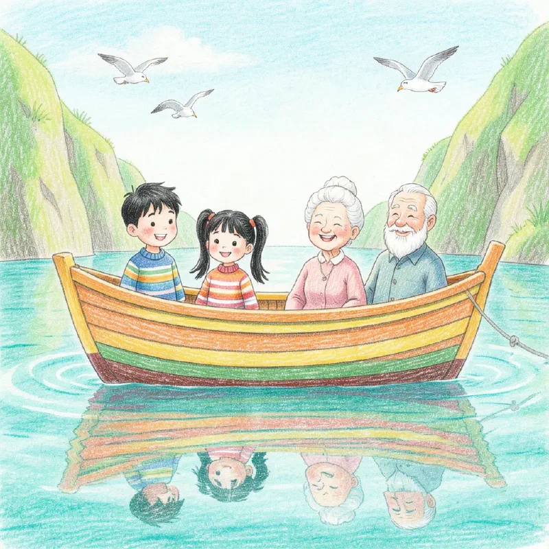 Ilustración de «Hugo y la barca de los mil colores»