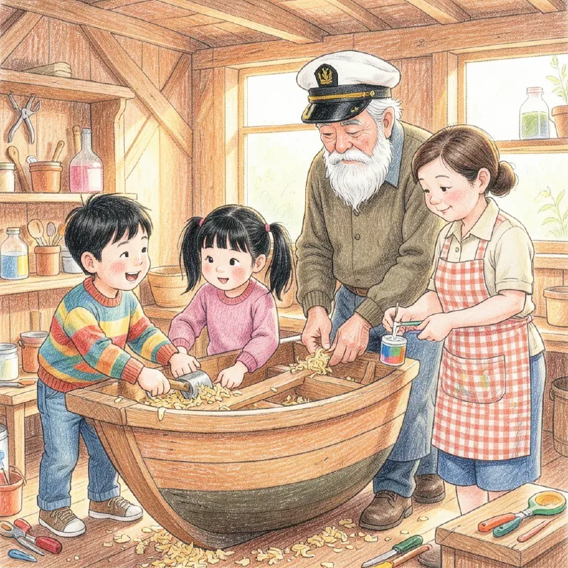 Ilustración de «Hugo y la barca de los mil colores»